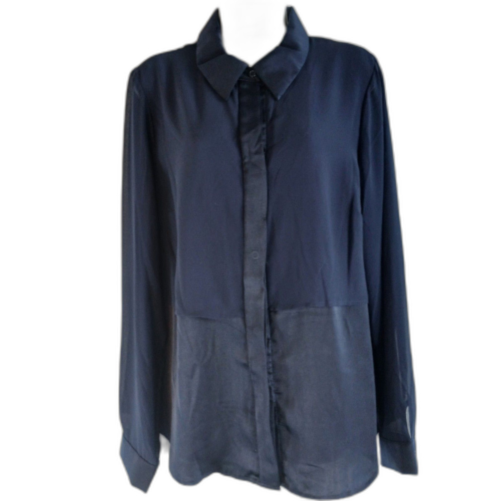 Hello Day Top Blue Button Up semi sheer mix media NWT Sz XL career travel work